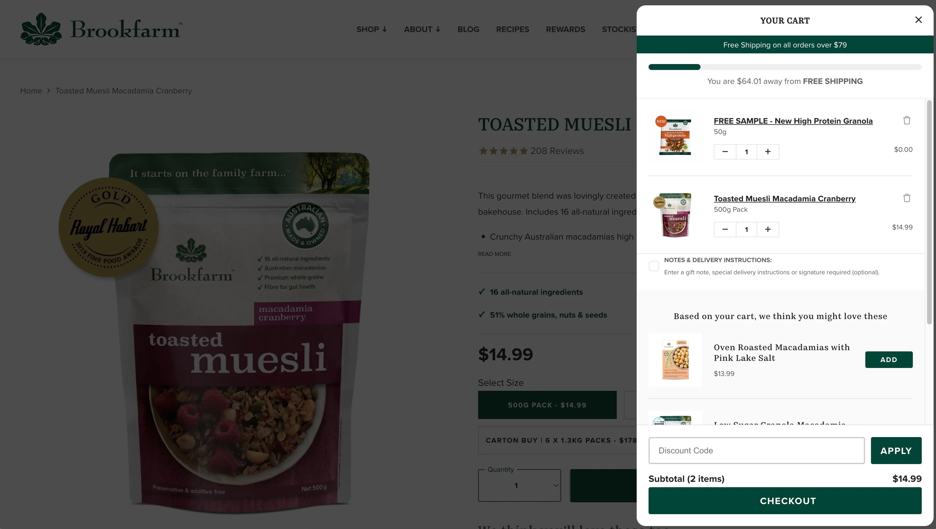 Brookfarm homepage with the cart drawer open