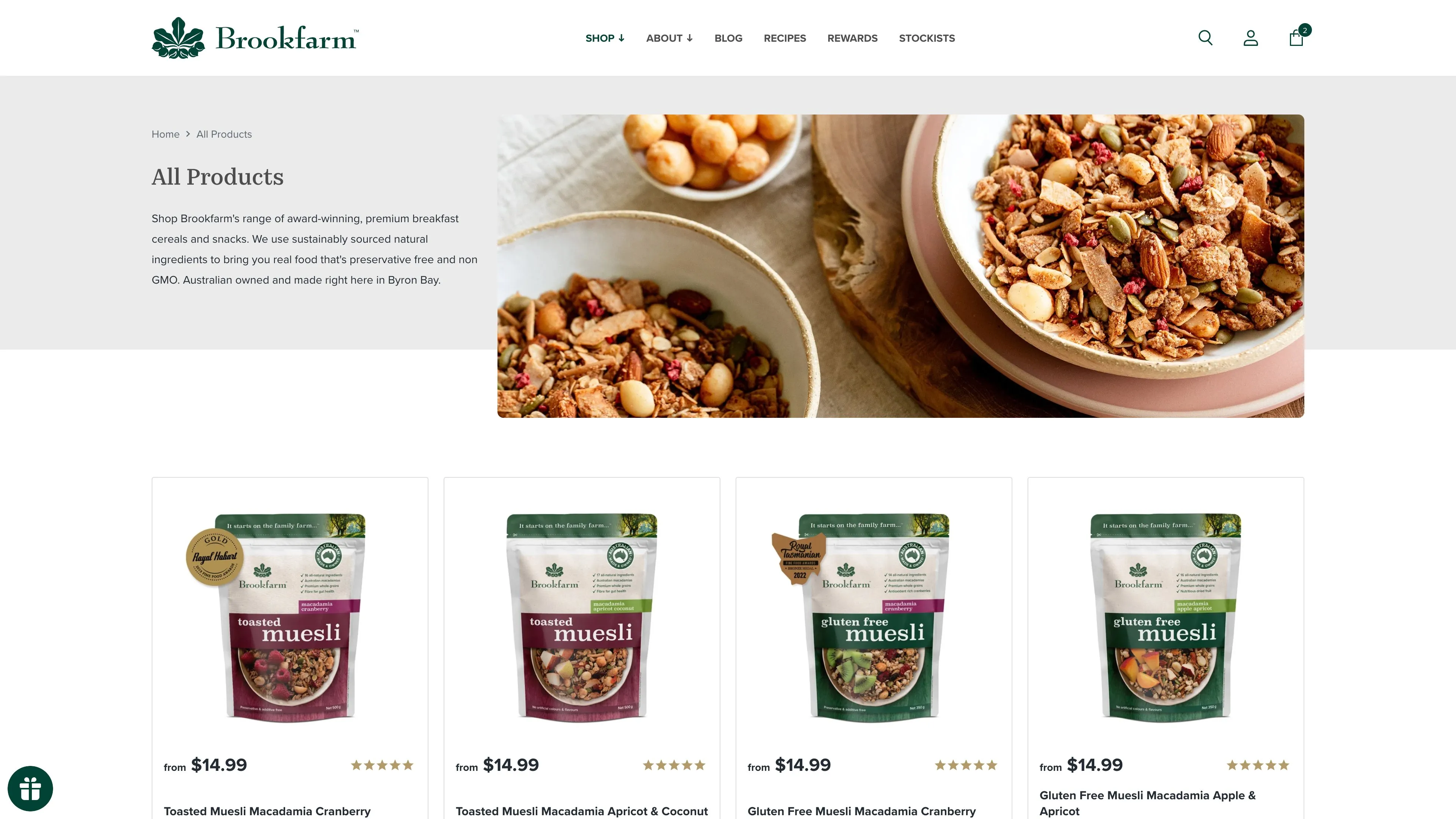 Brookfarm All Products collection page with filters