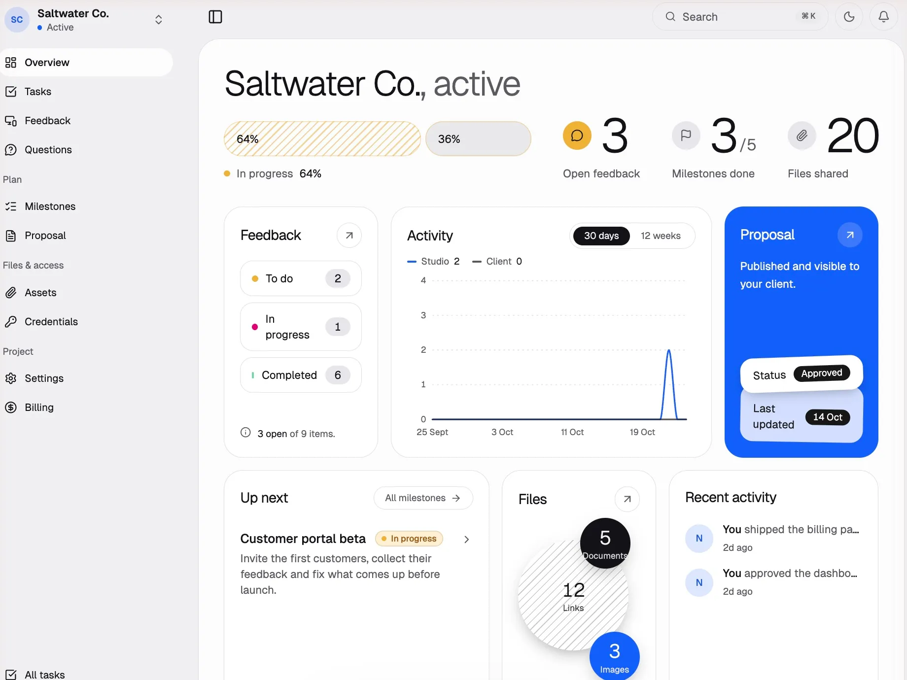Pulse client portal dashboard for a sample project