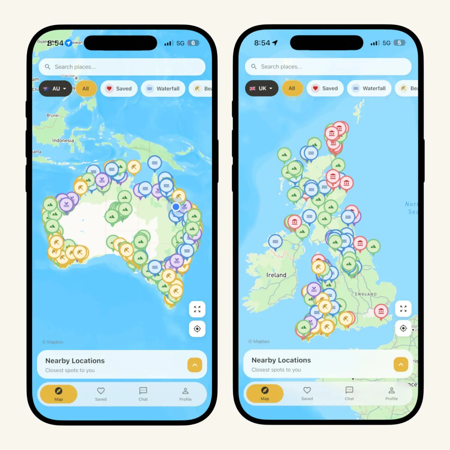The Sole Drift map, with secret spots pinned across Australia and the UK