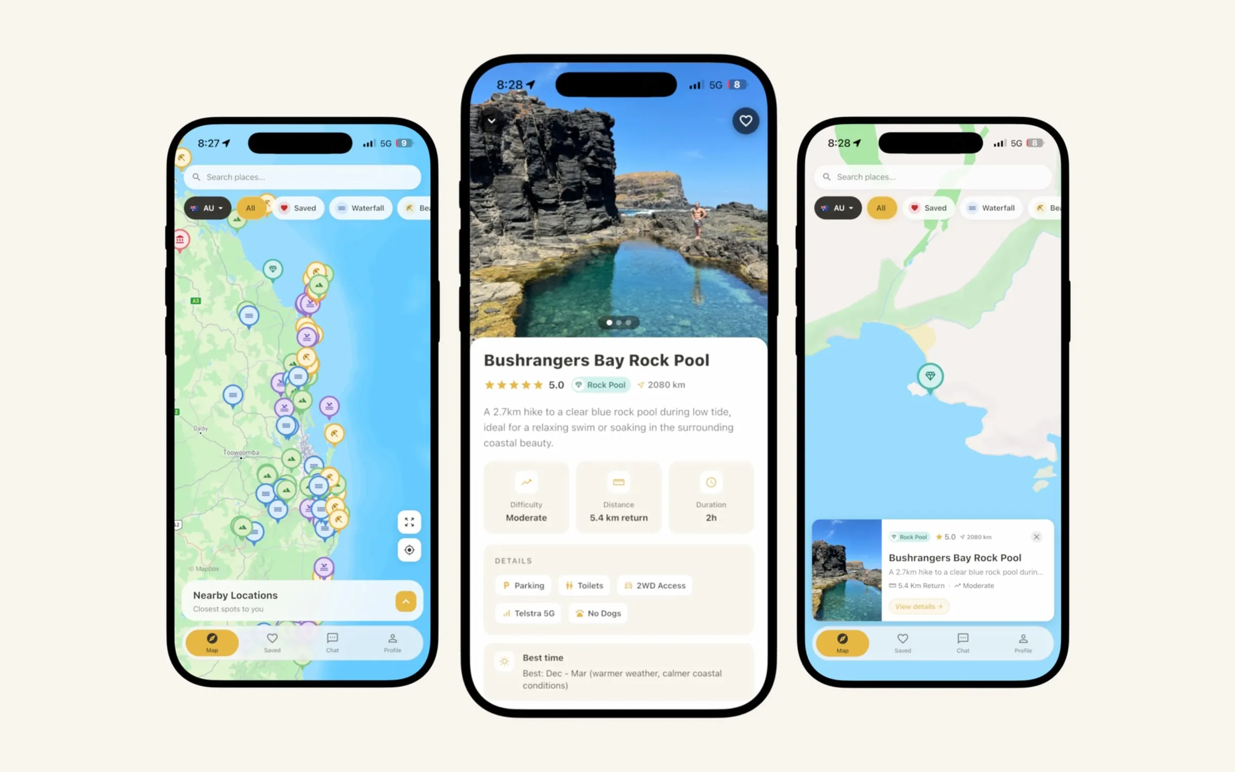 Three Sole Drift app screens: the map of pinned spots, a rock pool's details, and the spot's pin with a preview card